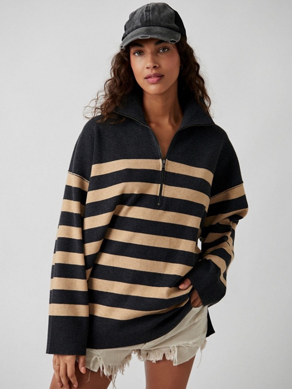 Free People Coastal Stripe Pullover Carbon Camel XS